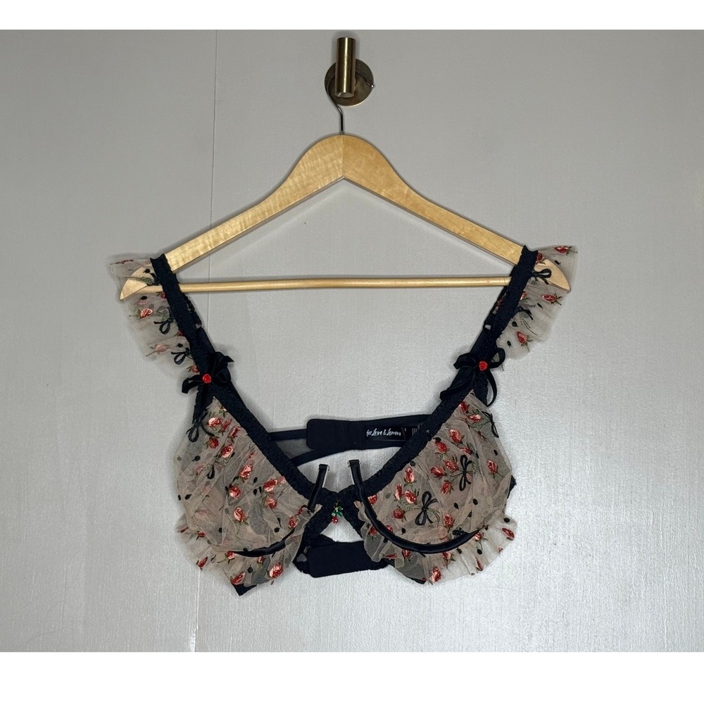 For Love & Lemons Temecula Cherry Embroidered Underwire Bra 34D Sheer Mesh